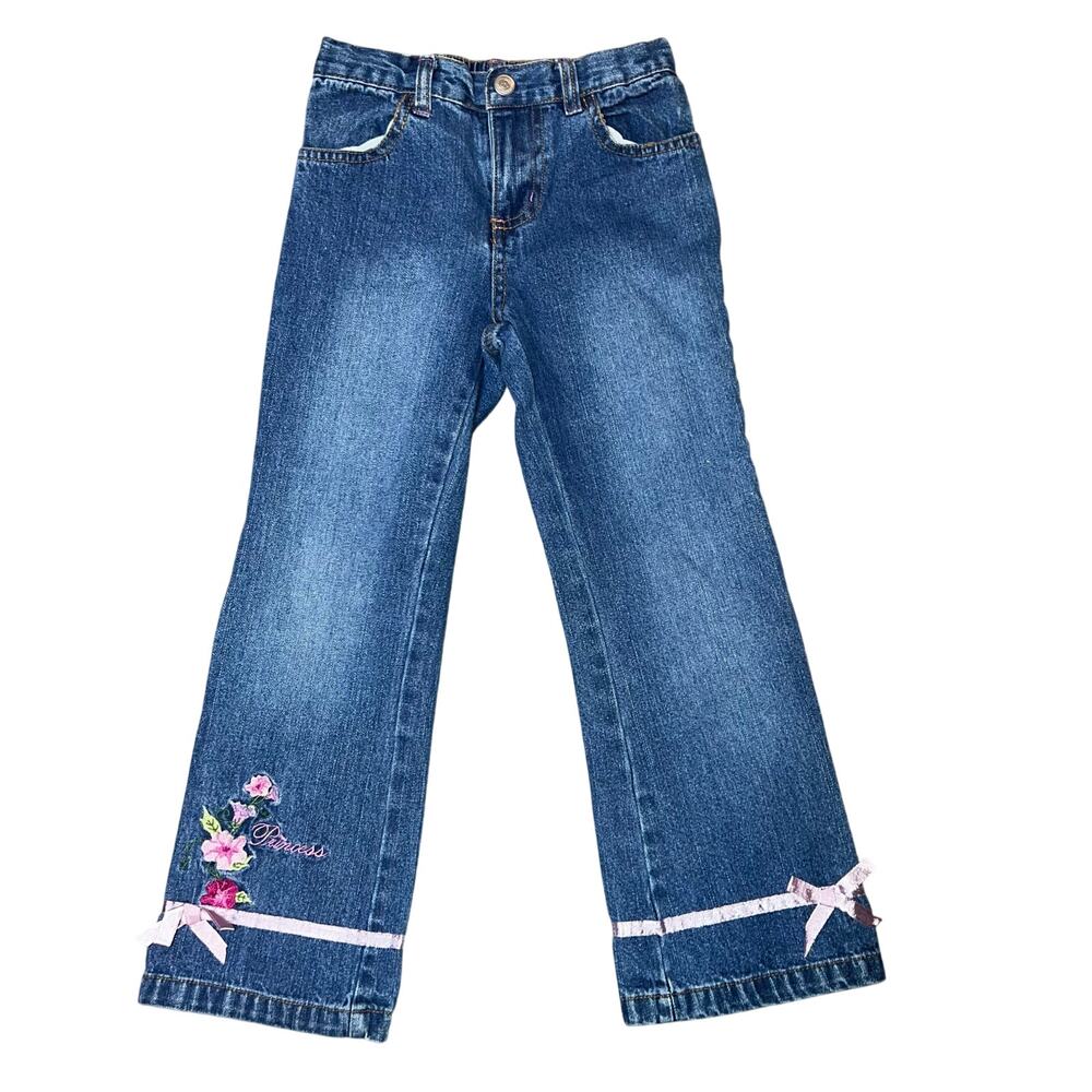Vintage Disney Princess girls embroidered  pink floral and bow Denim jeans sz 6